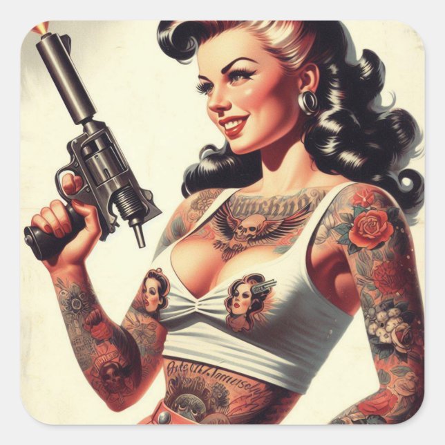 Old School Tattoo Hot Girl Quadratischer Aufkleber (Vorderseite)
