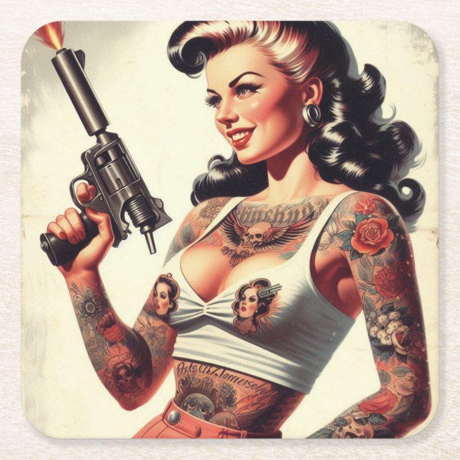 Old School Tattoo Hot Girl Rechteckiger Pappuntersetzer (Vorderseite)