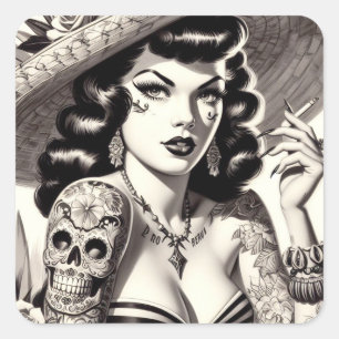 Old School Tattoo Pinup Quadratischer Aufkleber