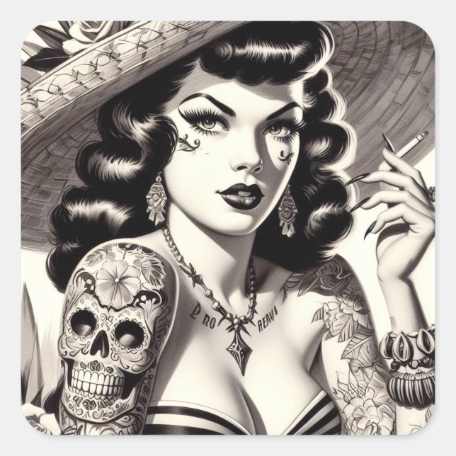 Old School Tattoo Pinup Quadratischer Aufkleber (Vorderseite)