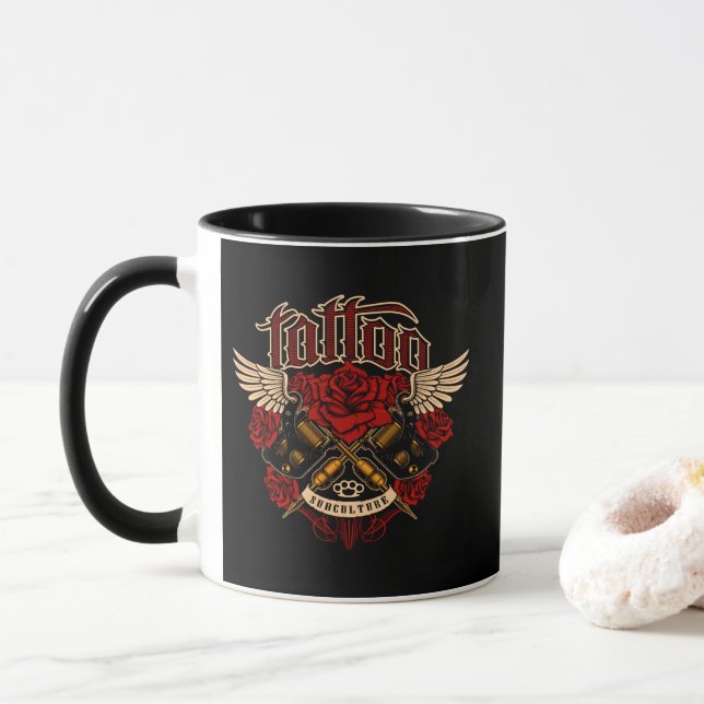 Old School Tattoo Sub Culture Rose Knuckles Tasse (Mit Donut)