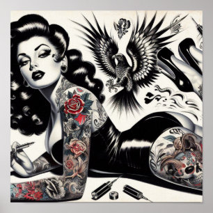 Old School Tattoooed Girl Poster