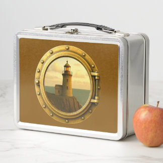 Old Stone Lighthouse Brown Metal Lunchbox