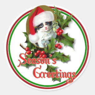 Old Style Weihnachten Kitten Jahreszeit Grüße Runder Aufkleber