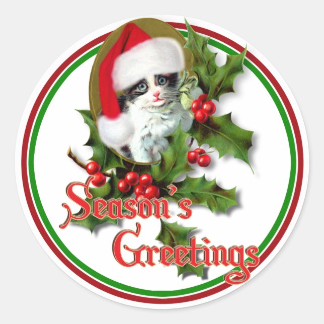 Old Style Weihnachten Kitten Jahreszeit Grüße Runder Aufkleber (Vorderseite)
