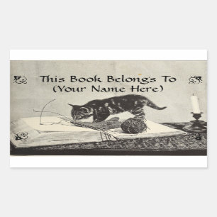 Old Time Kitten Cat Knitting Book Plate Rechteckiger Aufkleber