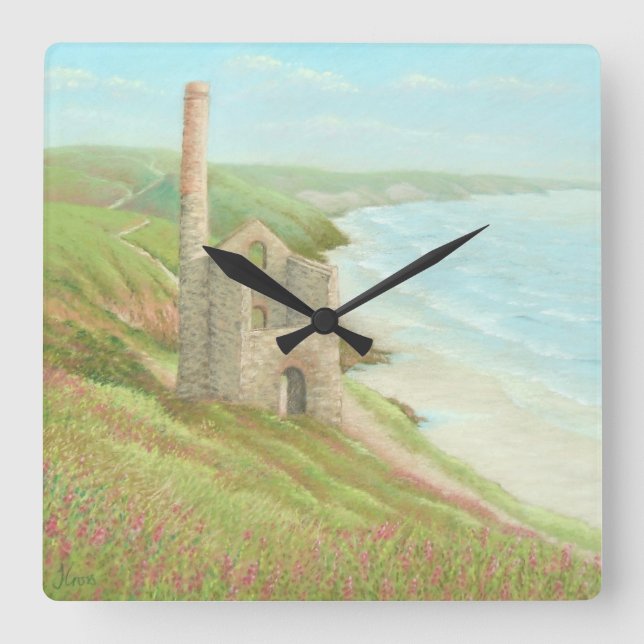 Old Tin Mine, Coast Path, Cornwall in Pastell Cloc Quadratische Wanduhr (Vorderseite)
