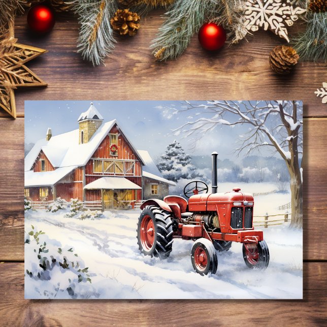 Old Traktor und Barn Snowy Winter Farm Weihnachten (Front - Barn and Old Tractor Snowy Winter Farm Christmas Holiday Card)
