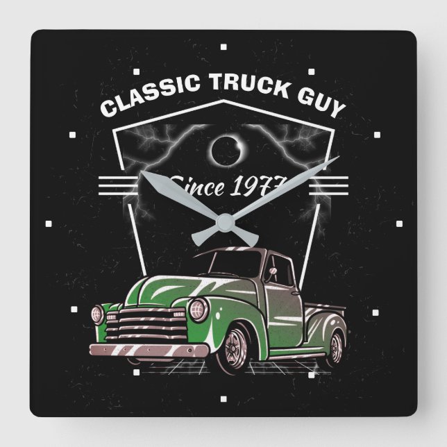 Old Truck Classic LKW Typ Grün Chevy Seit Datum Quadratische Wanduhr (Vorderseite)