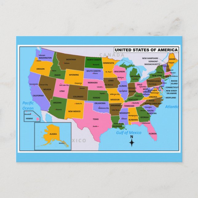 OLD USA Map mit Staat Hauptstädte und Golf von Mex Postkarte (Vorderseite)