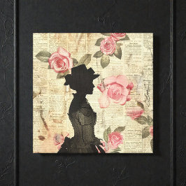 Old Victorian Silouette with Pink Roses Leinwanddruck