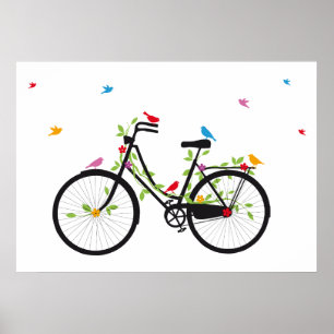 Old vintage bicycle with flowers and birds poster