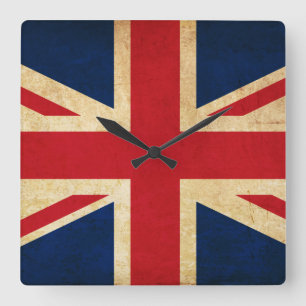 Old Vintage Grunge United Kingdom Flag Union Jack Quadratische Wanduhr