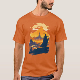 Old Wanderer Gazing at a Mystical City Fantasy T-Shirt