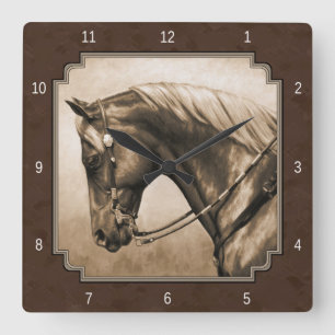Old West Quarter Horse Sepia Brown Quadratische Wanduhr