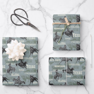 Old West Wagon Rodeo Cowboy Bison Grau Blau Pferde Geschenkpapier Set