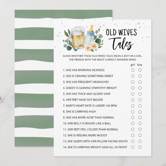 Old Wives Tales Game Greenery Baby Is Brewing card Einladung (Vorne/Hinten)