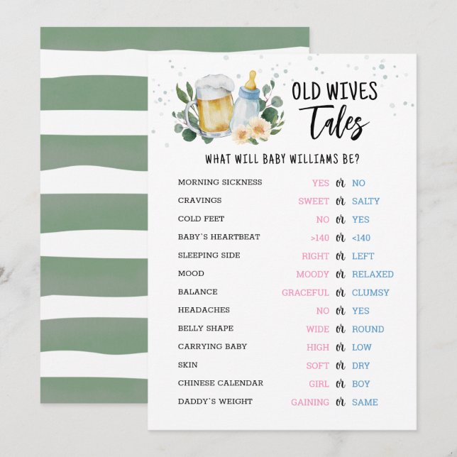 Old Wives Tales Gender Reveal Baby Shower Card Einladung (Vorne/Hinten)