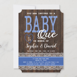 Old Wood Blue Gingham Boy Baby Shower GRILLEN Einladung