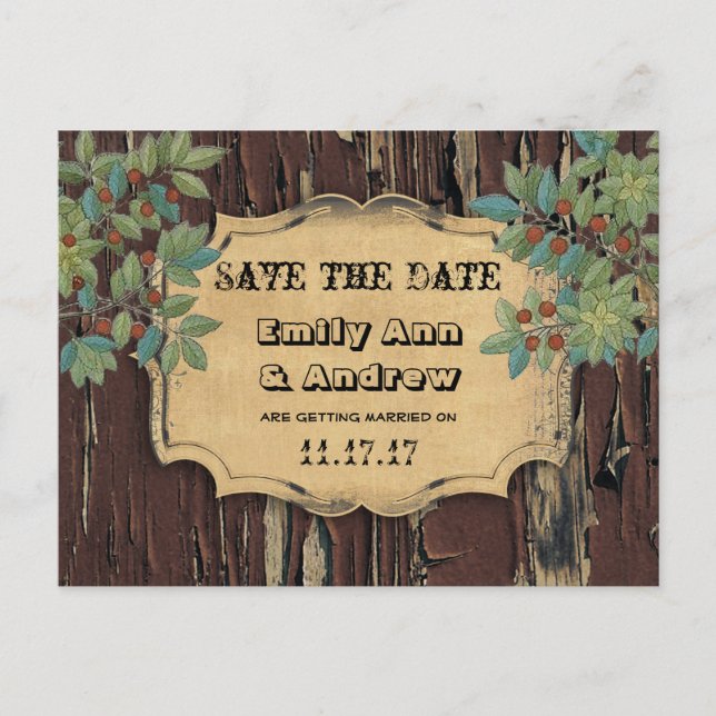 Old Wood Country Chic Save the Date Ankündigungspostkarte (Vorderseite)
