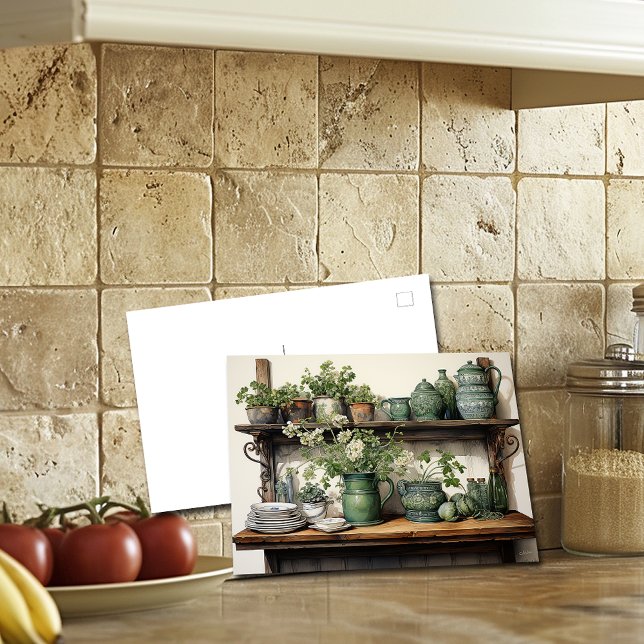 Old Wood Kitchen Shelf Grün Weiße Geschirr Postkarte (Von Creator hochgeladen)