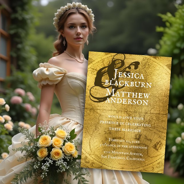 Old World Antique Gold Map Hochzeit Einladung (Old World Antique Gold Map Wedding Invitation. Model is AI Gen. )