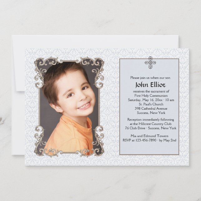 Old World Blue Damask Foto Religiöse Einladung (Vorderseite)