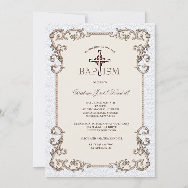 Old World Blue Taufe Einladung (Vorderseite)