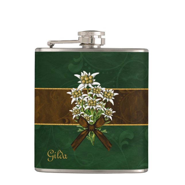 Old World Look Edelweiss Custom Flask Flachmann (Vorderseite)