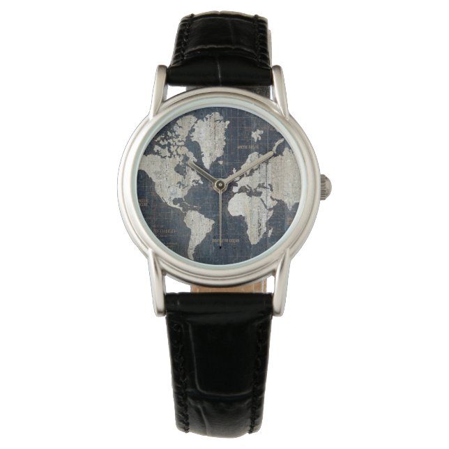 Old World Map Blue Armbanduhr (Vorderseite)