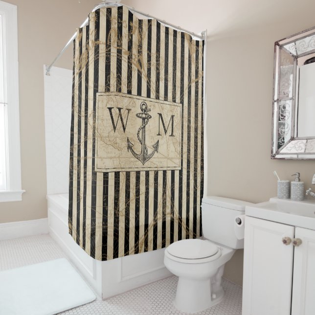 Old World Map Nautic Anchor Monogram Duschvorhang (Beispiel)