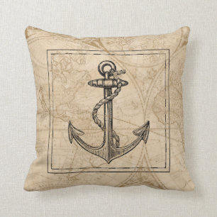 Old World Map Nautic Anchor Monogram Kissen