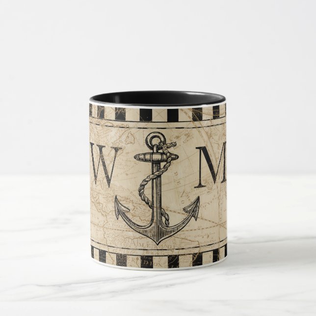 Old World Map Nautic Anchor Monogram Tasse (Zentrum)