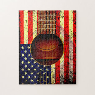 Old Worldof Acoustic Guitar / W American Flag Puzzle