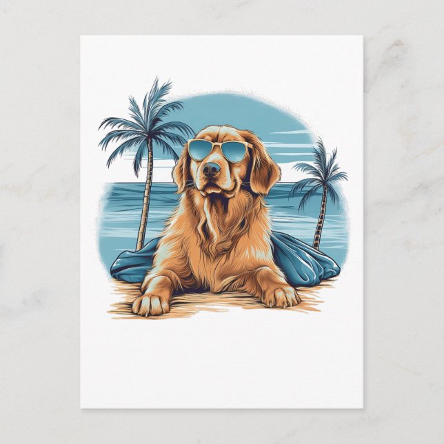 Olden-Retriever mit Sonnenbrille am Strand Postkarte (Vorderseite)