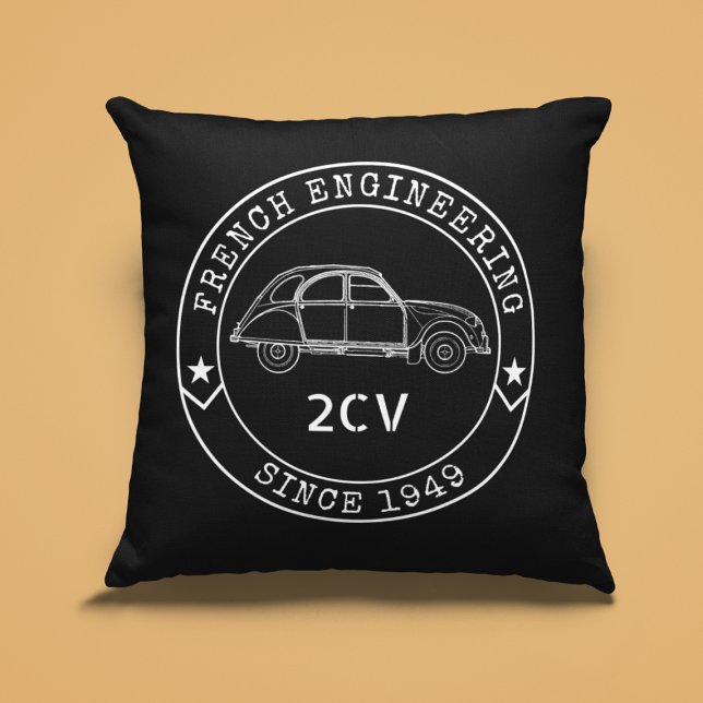 Oldtimer 2CV Abzeichen Engineering Emblem Kissen (2CV Pillow in Black with a White Badge Text Design and and Illustration of the Deux Chevaux )