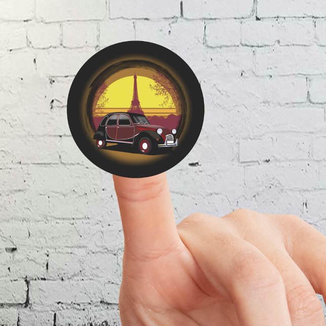 Oldtimer 2cv Charleston Paris Sonnenuntergang Runder Aufkleber (2CV Round Sticker in Black with a Romantic Deux Chevaux Charleston Eiffel Tower Illustration)