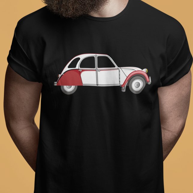 Oldtimer 2CV Dolly Rot T-Shirt (2CV Car Magnet in Black with a White Red Deux Chevaux Dolly Illustration)