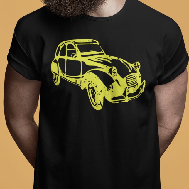 Oldtimer 2cv Ente Gelb T-Shirt (2CV Car Magnet in Black with a Yellow Deux Chevaux Illustration)