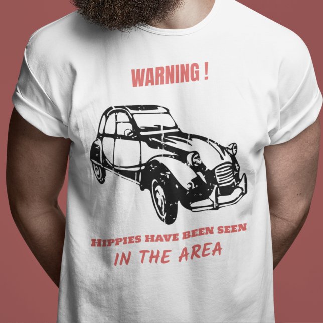 Oldtimer 2cv Ente Hippie Warnung T-Shirt (2CV T-Shirt in White with a Red Text and Black Deux Chevaux Illustration)
