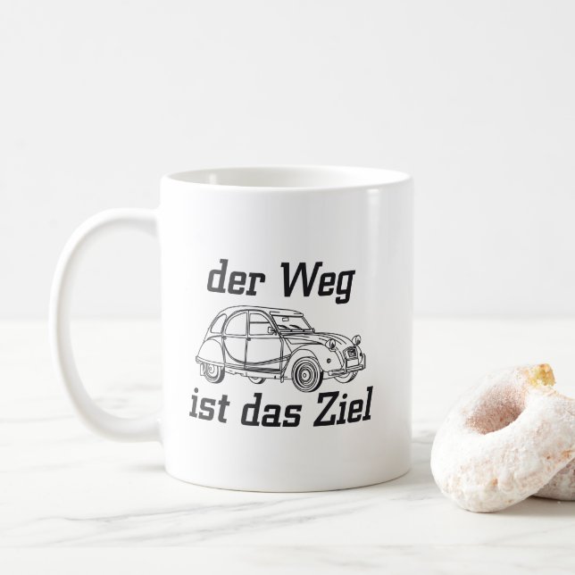 Oldtimer 2cv Ente Linienzeichnung Slogan Kaffeetasse (Mit Donut)