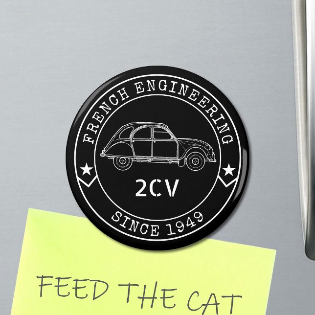 Oldtimer 2CV-Gütezeichen Magnet (2CV Magnet in Black with a White Badge Text Design and and Illustration of the Deux Chevaux )