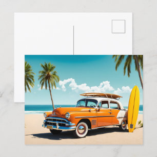 Oldtimer am Strand mit Surfbrett Postkarte