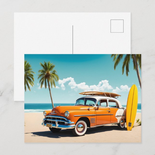 Oldtimer am Strand mit Surfbrett Postkarte (Vorne/Hinten)