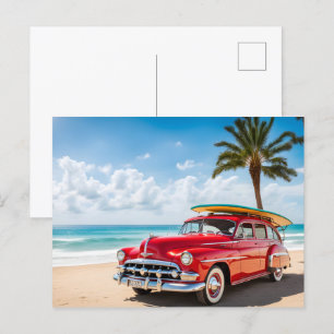 Oldtimer am Strand mit Surfbrett Postkarte