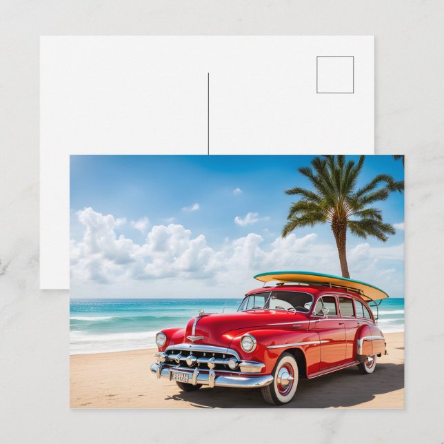Oldtimer am Strand mit Surfbrett Postkarte (Vorne/Hinten)