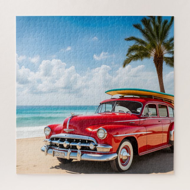 Oldtimer am Strand mit Surfbrett Puzzle (Vertikal)