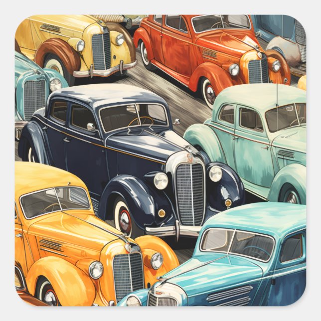 Oldtimer-Autos Muster Quadratischer Aufkleber (Vorderseite)