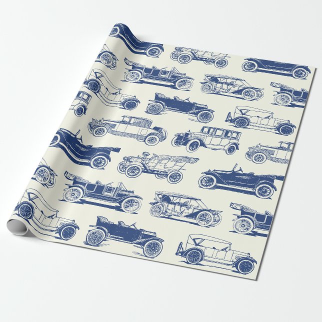 Oldtimer Blaues Vintage-Automodell Geschenkpapier (Ungerollt)