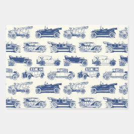 Oldtimer Blaues Vintage-Automodell Geschenkpapier Set
